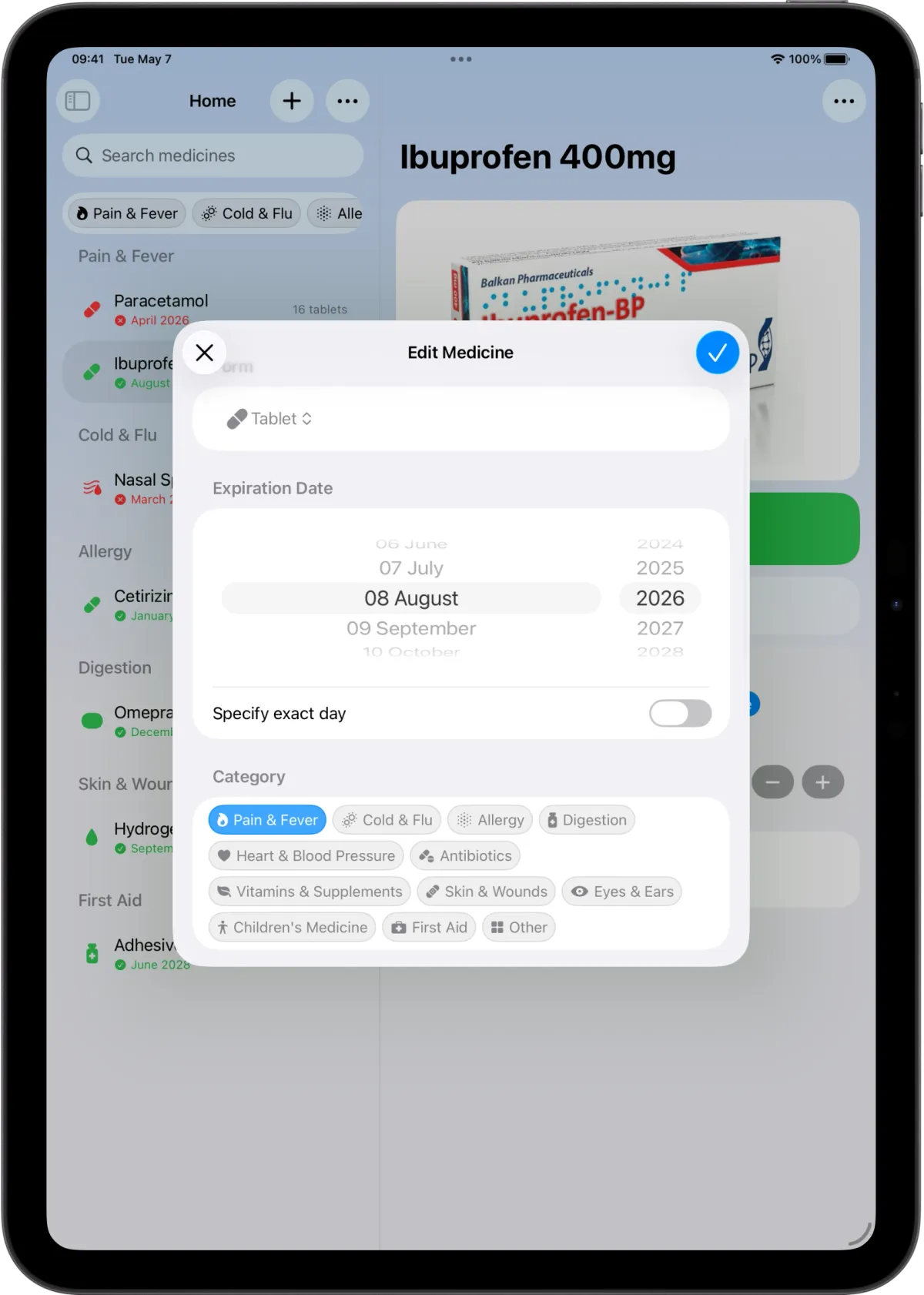 MyAidKit medicine date picker showing months prefixed with two-digit numbers, like